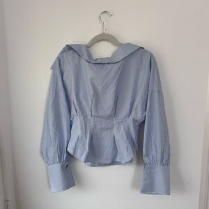Commense Blue and White Striped Button-Down Blouse